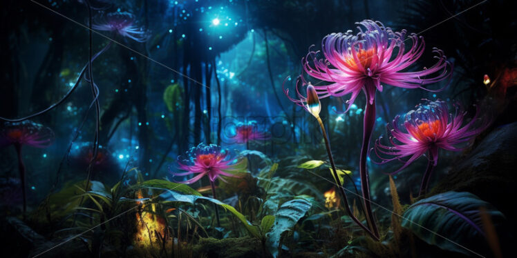 A bioluminescent spectacle as the jungle comes alive with glowing flora and fauna in the mystical twilight - Starpik Stock