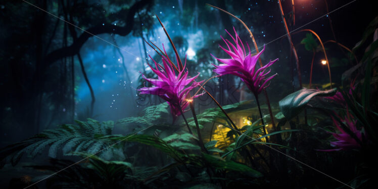 A bioluminescent spectacle as the jungle comes alive with glowing flora and fauna in the mystical twilight - Starpik Stock