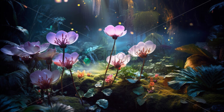 A bioluminescent spectacle as the jungle comes alive with glowing flora and fauna in the mystical twilight - Starpik Stock