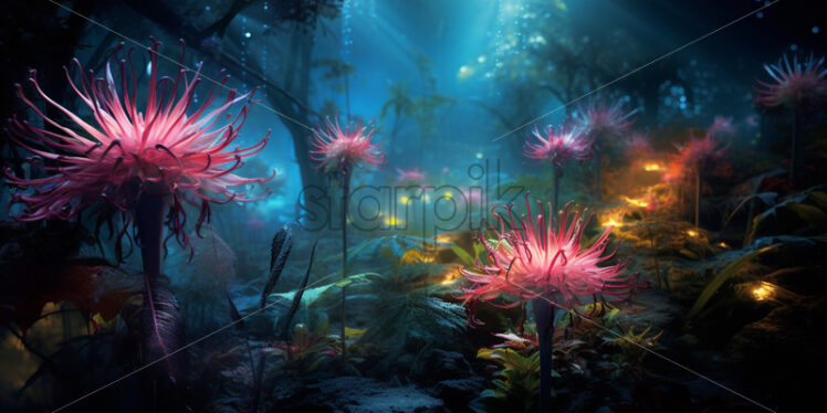 A bioluminescent spectacle as the jungle comes alive with glowing flora and fauna in the mystical twilight - Starpik Stock