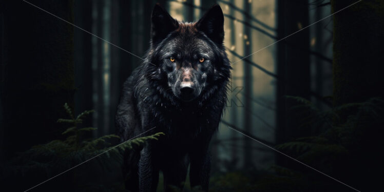 A black wolf in the forest at night - Starpik Stock