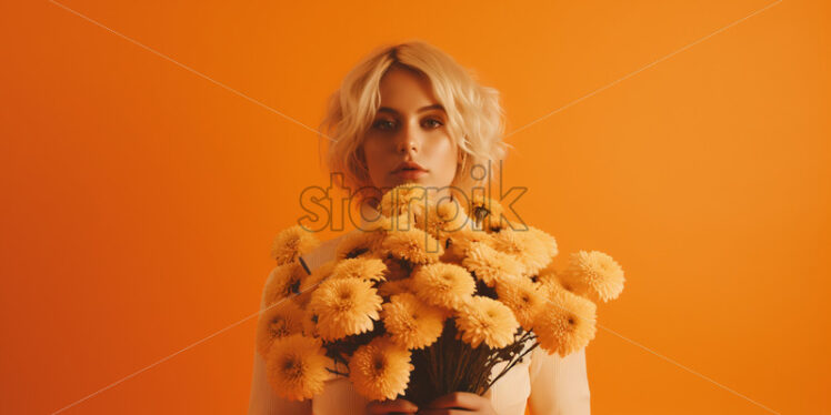 A blonde girl with flowers in her hand on an orange background - Starpik Stock