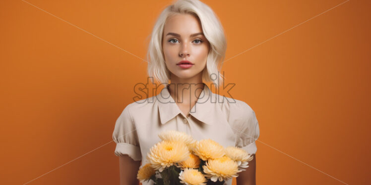 A blonde girl with flowers in her hand on an orange background - Starpik Stock