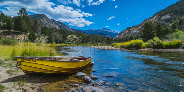 A boat on a river in the mountains - Starpik Stock