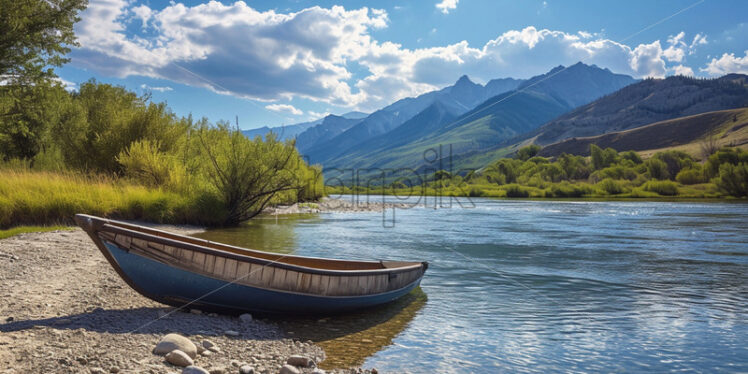 A boat on a river in the mountains - Starpik Stock