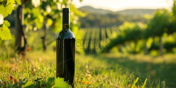 A bottle of wine on the background of a vineyard - Starpik Stock