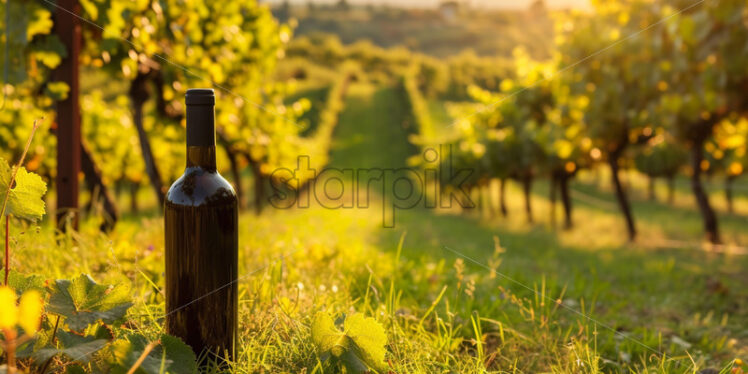 A bottle of wine on the background of a vineyard - Starpik Stock