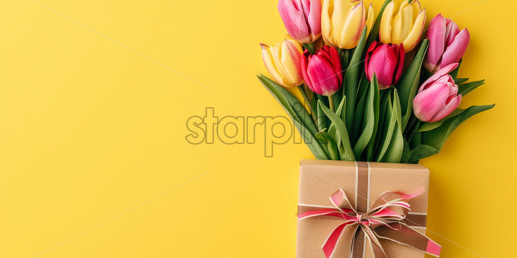 A bouquet of tulips and a gift on a yellow background - Starpik Stock