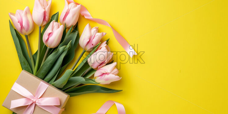 A bouquet of tulips and a gift on a yellow background - Starpik Stock