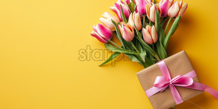 A bouquet of tulips and a gift on a yellow background - Starpik Stock