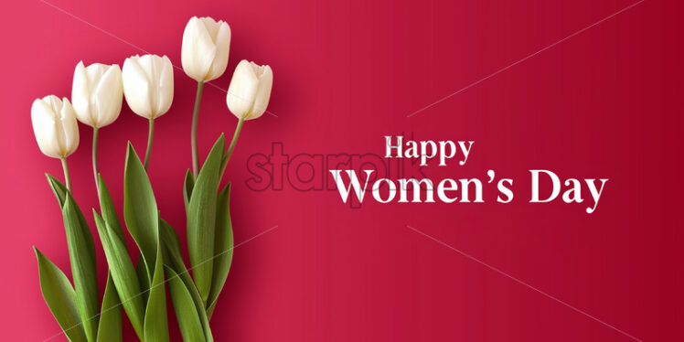 A bouquet of white tulips on a red background for International Women's Day - Starpik Stock