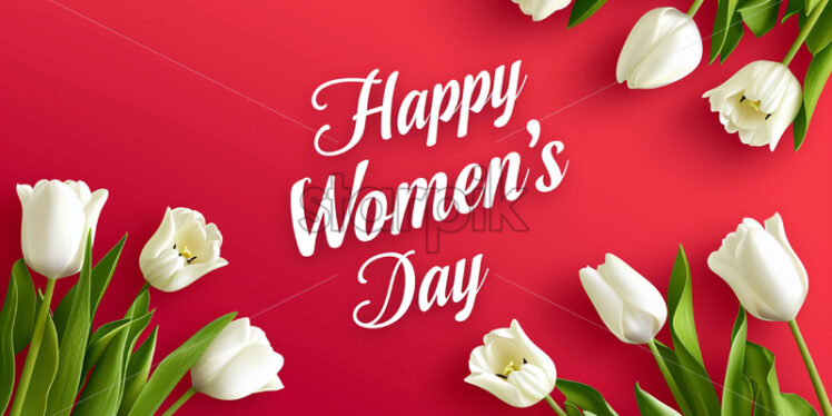 A bouquet of white tulips on a red background for International Women's Day - Starpik Stock