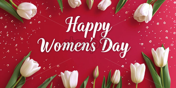 A bouquet of white tulips on a red background for International Women's Day - Starpik Stock