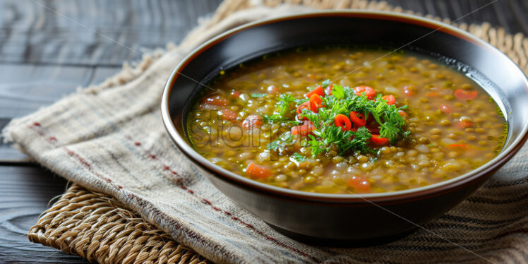 A bowl of Filipino Ginisang Munggo (Sauteed Mung Bean Soup) on a native table, exuding warmth and tradition - Starpik Stock