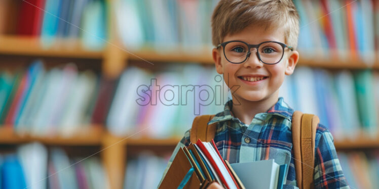 A boy with glasses and books in hand enters the classroom - Starpik Stock