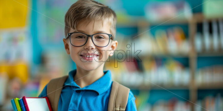 A boy with glasses and books in hand enters the classroom - Starpik Stock