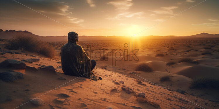 A breathtaking sunset casting golden hues over the vast desert expanse - Starpik Stock