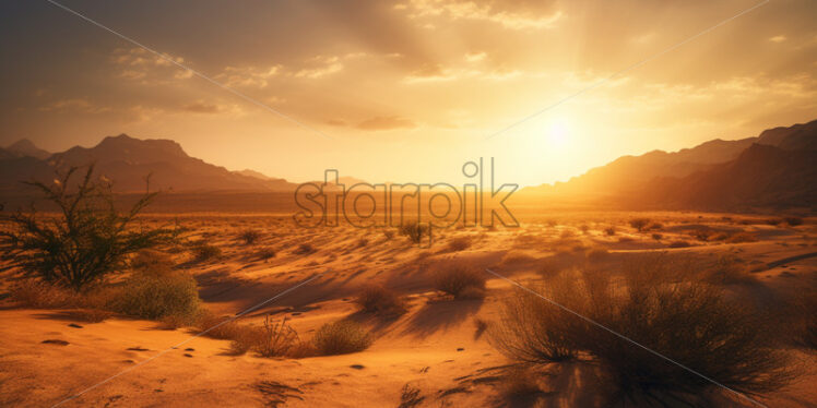 A breathtaking sunset casting golden hues over the vast desert expanse - Starpik Stock