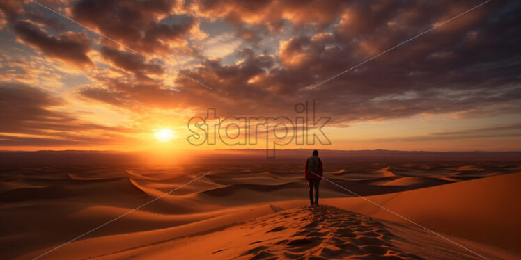 A breathtaking sunset casting golden hues over the vast desert expanse - Starpik Stock