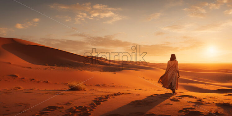 A breathtaking sunset casting golden hues over the vast desert expanse - Starpik Stock