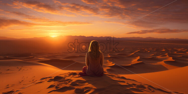 A breathtaking sunset casting golden hues over the vast desert expanse - Starpik Stock