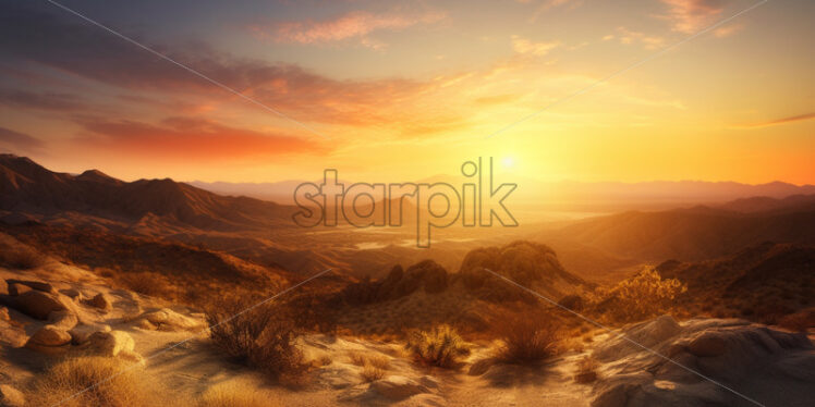 A breathtaking sunset casting golden hues over the vast desert expanse - Starpik Stock