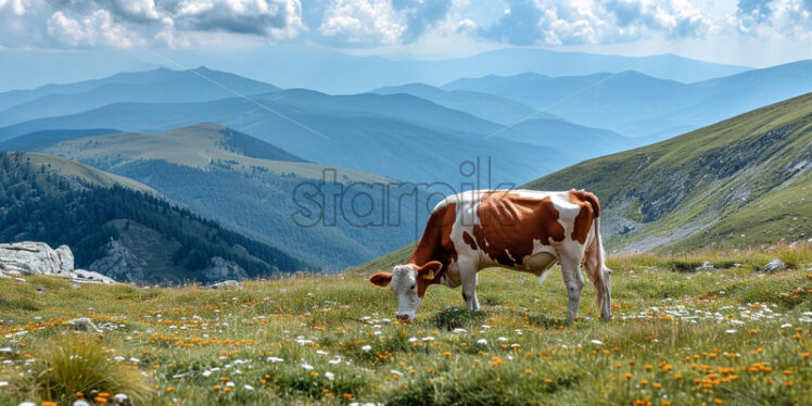 A brown cow with white spots grazing on a mountain slope - Starpik Stock