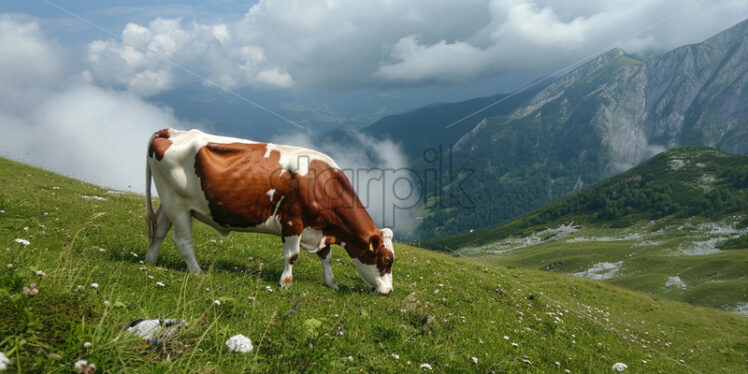 A brown cow with white spots grazing on a mountain slope - Starpik Stock