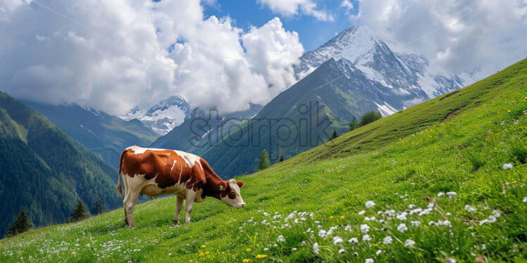 A brown cow with white spots grazing on a mountain slope - Starpik Stock