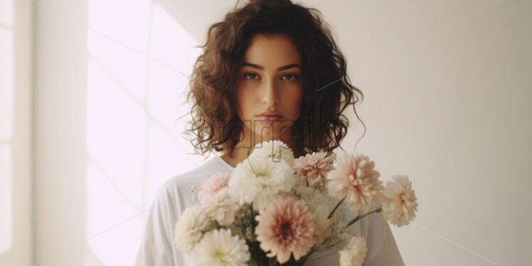 A brunette girl with flowers in her hand - Starpik Stock