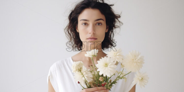 A brunette girl with flowers in her hand - Starpik Stock