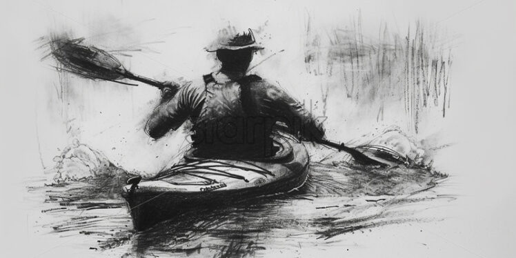 A canoeist on a river, black charcoal sketch - Starpik Stock