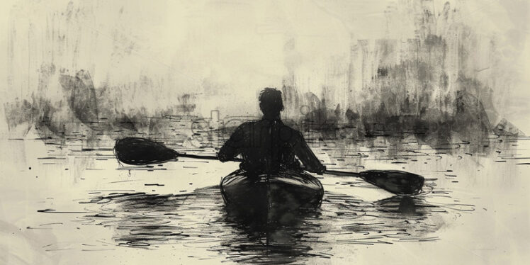 A canoeist on a river, black charcoal sketch - Starpik Stock