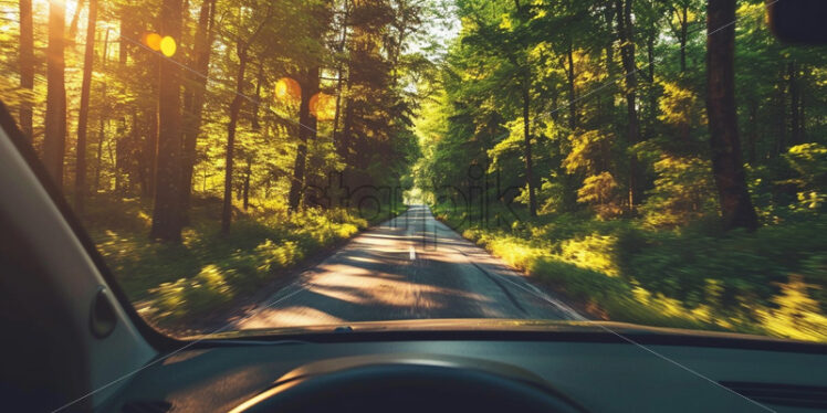 A car driving on the road in the forest, view from the driver's seat - Starpik Stock