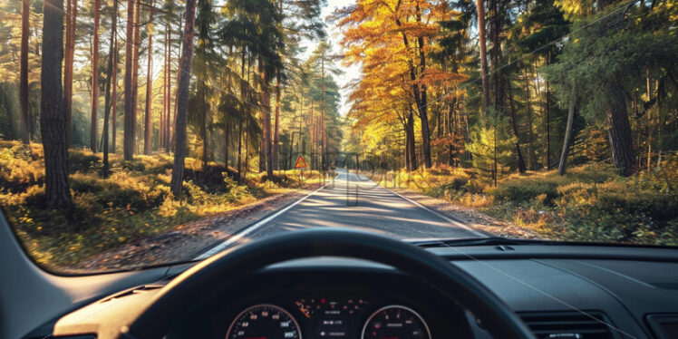 A car driving on the road in the forest, view from the driver's seat - Starpik Stock