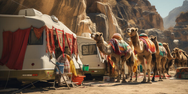 A caravan of camels adorned with vibrant fabrics navigating through a rocky desert canyon - Starpik Stock