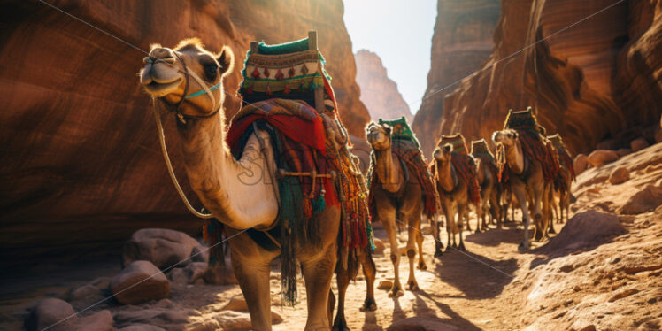 A caravan of camels adorned with vibrant fabrics navigating through a rocky desert canyon - Starpik Stock