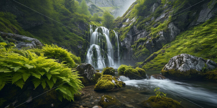 A cascading waterfall surrounded by emerald-green ferns and moss-covered rocks - Starpik Stock