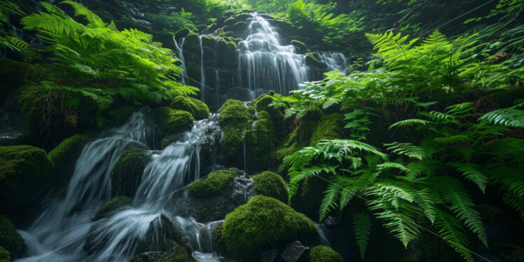 A cascading waterfall surrounded by emerald-green ferns and moss-covered rocks - Starpik Stock