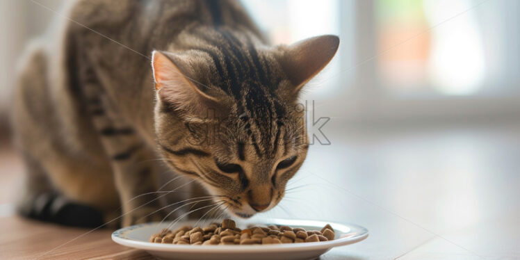 A cat eats cat food from a plate - Starpik Stock