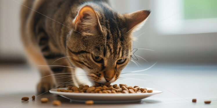 A cat eats cat food from a plate - Starpik Stock