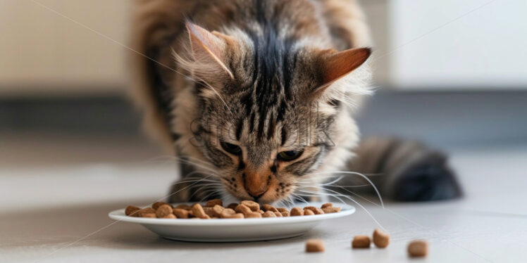 A cat eats cat food from a plate - Starpik Stock