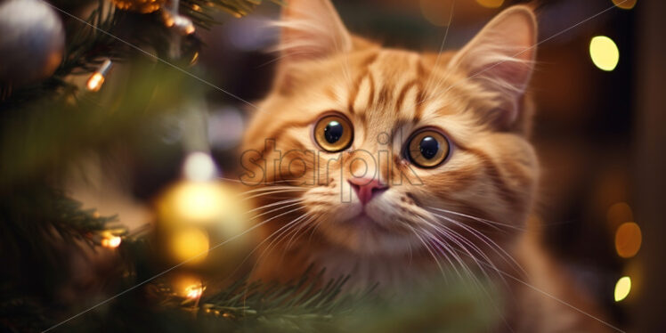 A cat near the New Year tree - Starpik Stock