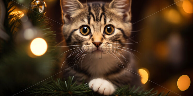 A cat near the New Year tree - Starpik Stock