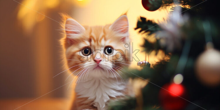 A cat near the New Year tree - Starpik Stock