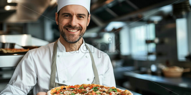 A chef holding a pizza - Starpik Stock