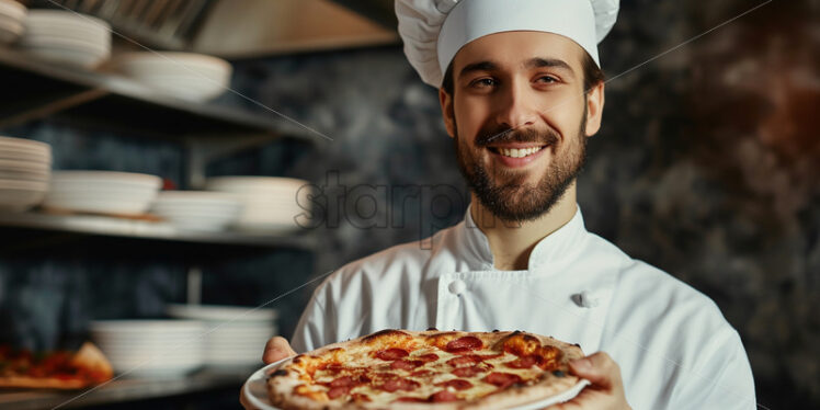 A chef holding a pizza - Starpik Stock