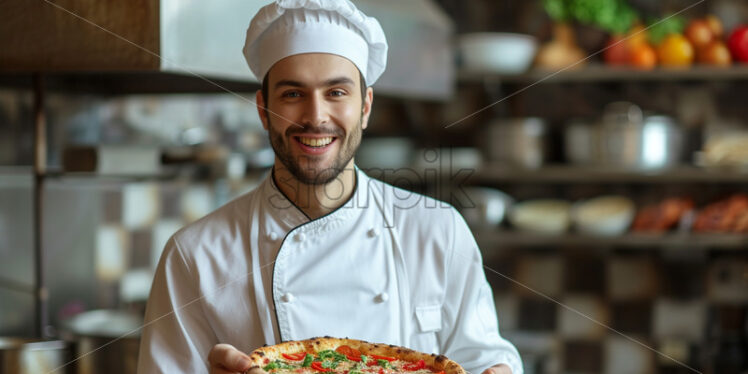 A chef holding a pizza - Starpik Stock