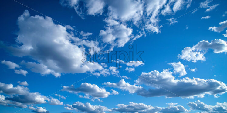 A clear blue sky with fluffy clouds lazily drifting overhead - Starpik Stock