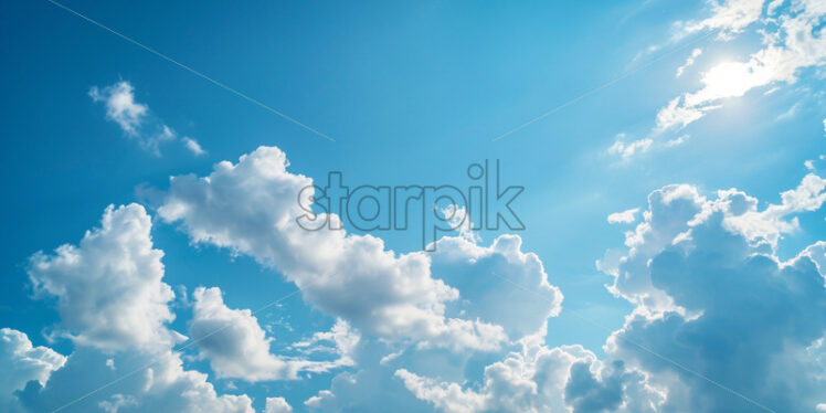 A clear blue sky with fluffy clouds lazily drifting overhead - Starpik Stock